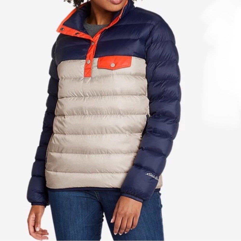 Eddie Bauer Stratuslite Down Jacket Womens Size XLP Snap Mock EB650 Pullover‎